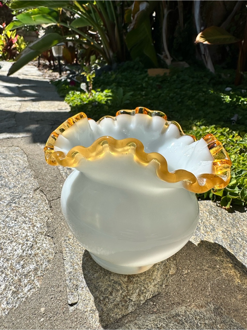 Vintage Fenton Art Glass "Gold Crest" Milk Glass-Double Crimped Amber Edge